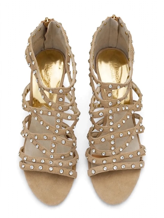 MICHAEL Michael Kors Shoes - Michael Kors Gladiator Heels 7M Beige Suede Rhinestone Stiletto Sandals Back Zip